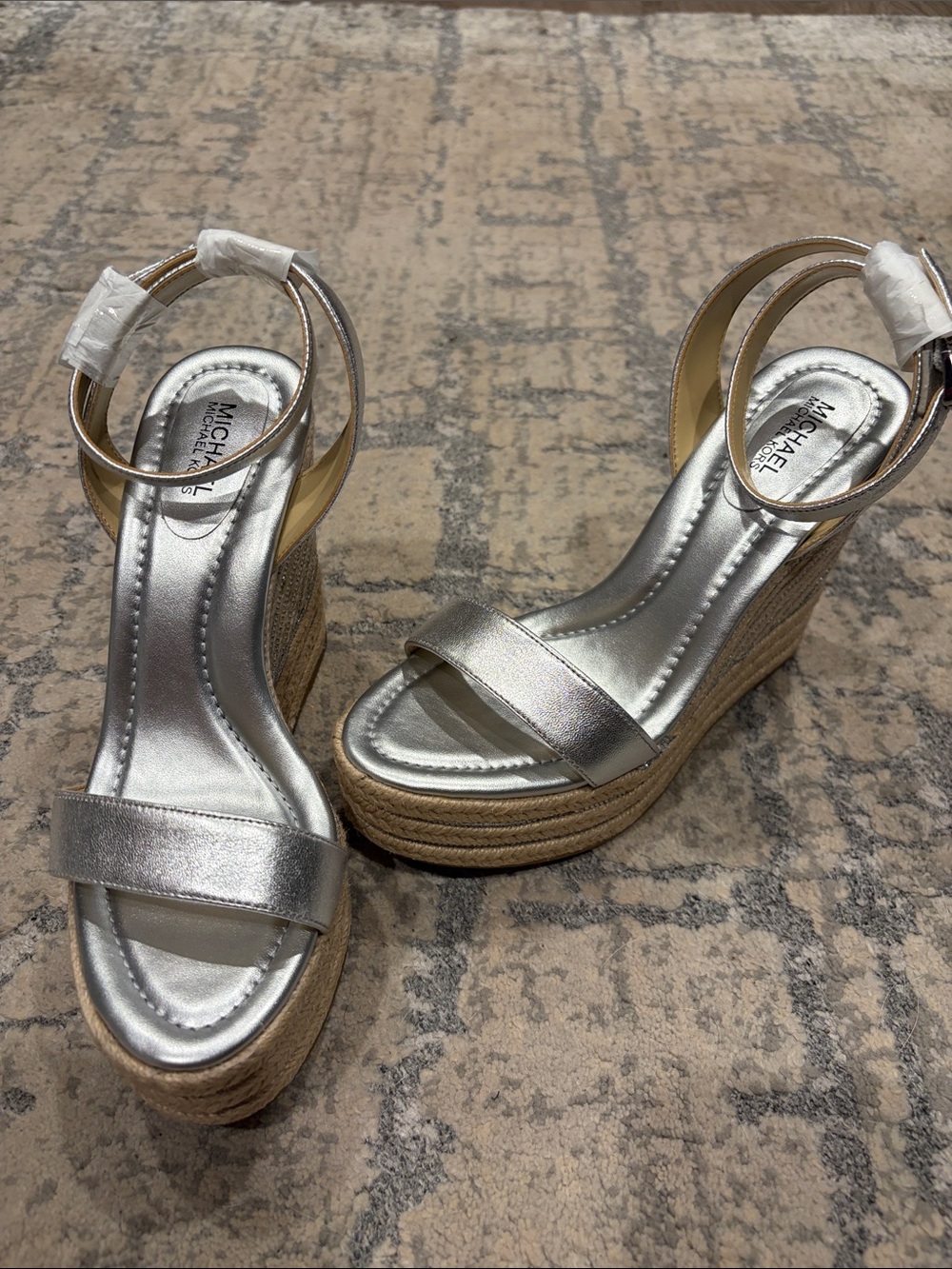 Michael Kors Metallic Silver Espadrille Wedge Sandals